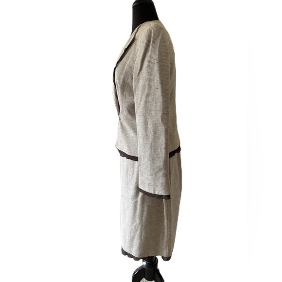 Liz Claiborne Suit Set Skirt Blazer Linen Blend Cream Brown Ruffle Cuff Trim 12P - Picture 4 of 13